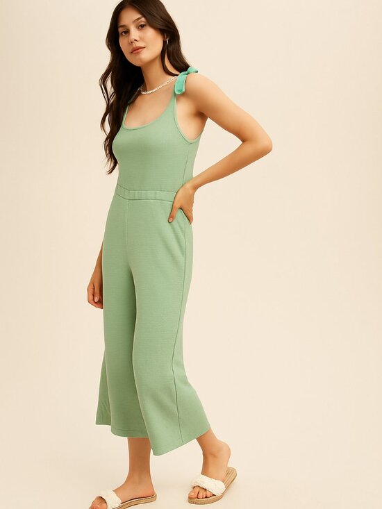 HEM & THREAD Tie Shoulder Knit Jumpsuit | Sage Green - Picture 1 of 4